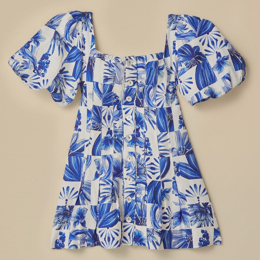 NWT Farm Rio Off-White Garden Tiles Plaid Mini Dress in Blue White Size M